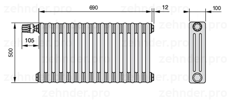 Схема (чертеж) Радиатор Zehnder Charleston 3050/15 №V012 Белый глянцевый RAL 9016